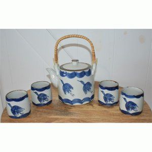 Vintage Raj California Made in Japan Tea Set blue white teapot bamboo handle